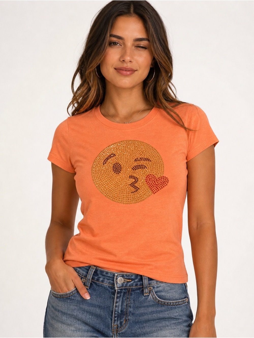 Y2K Orange Rhinestone Emoji Face Tee Women’s Small Fitted Graphic T Shirt Bling